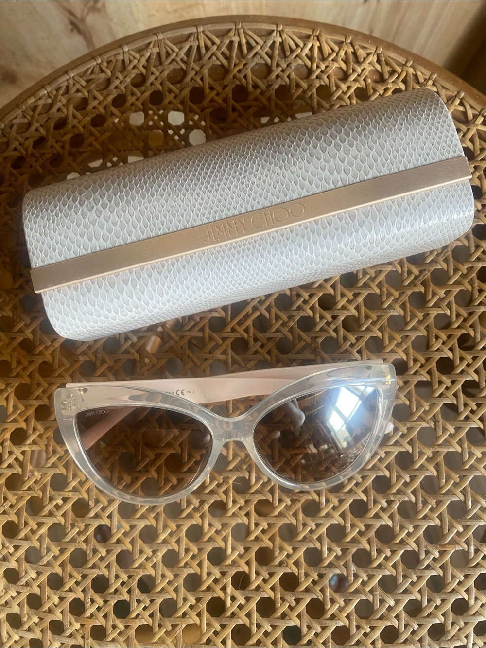 Jimmy Choo Clear Pearlescent Frame Cat-Eye Sunglasses with Taupe Lenses New